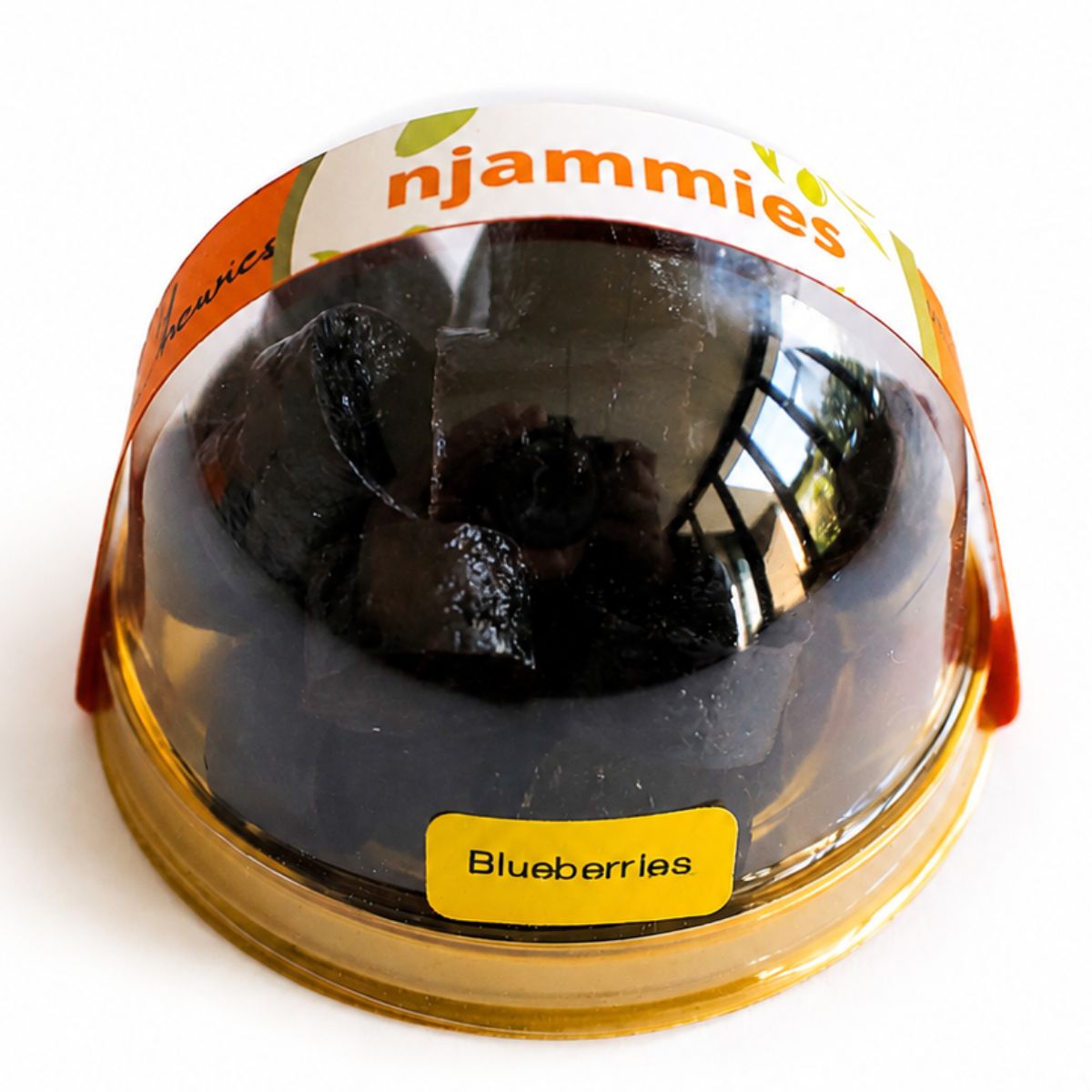 Njammies Blueberries Fresh Fruit Chewies in a clear dome container.