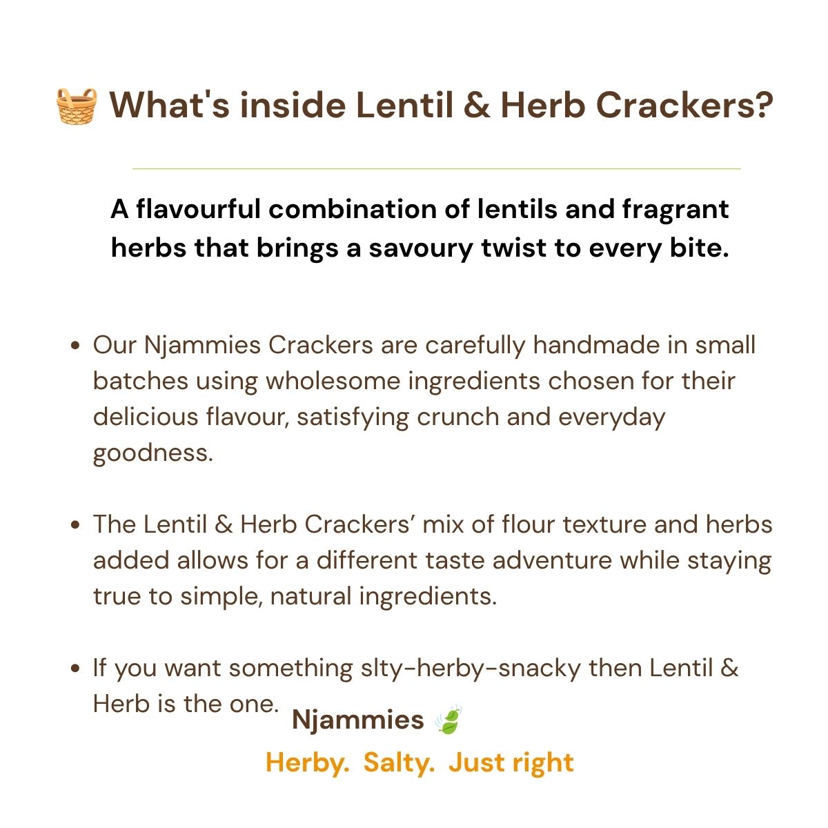 What's inside Lentil & Herb Crackers information card highlighting lentils, seeds and herbs.