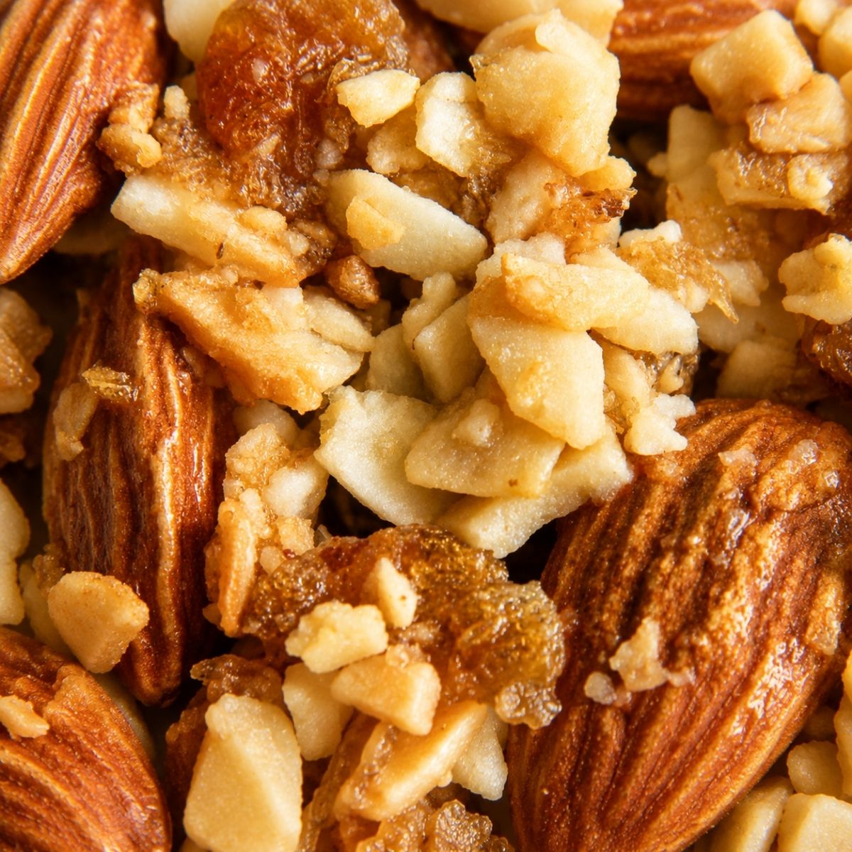 Close-up of a Njammies Mighty Nutty-Fruity Bite showing almonds, coconut and dried fruit.