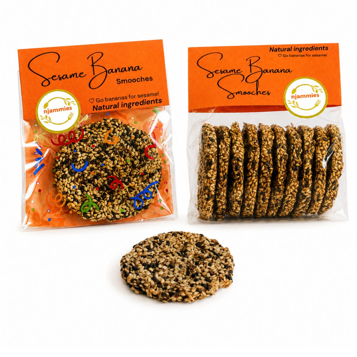 Njammies Sesame Banana Smooches in two pack sizes with a single Smooch