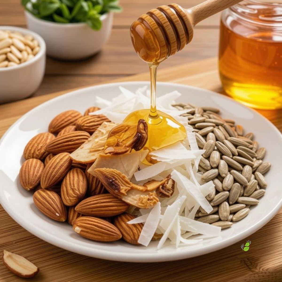 Ingredients for Njammies Coconut Almond Rocks with almonds, coconut, sunflower seeds and honey