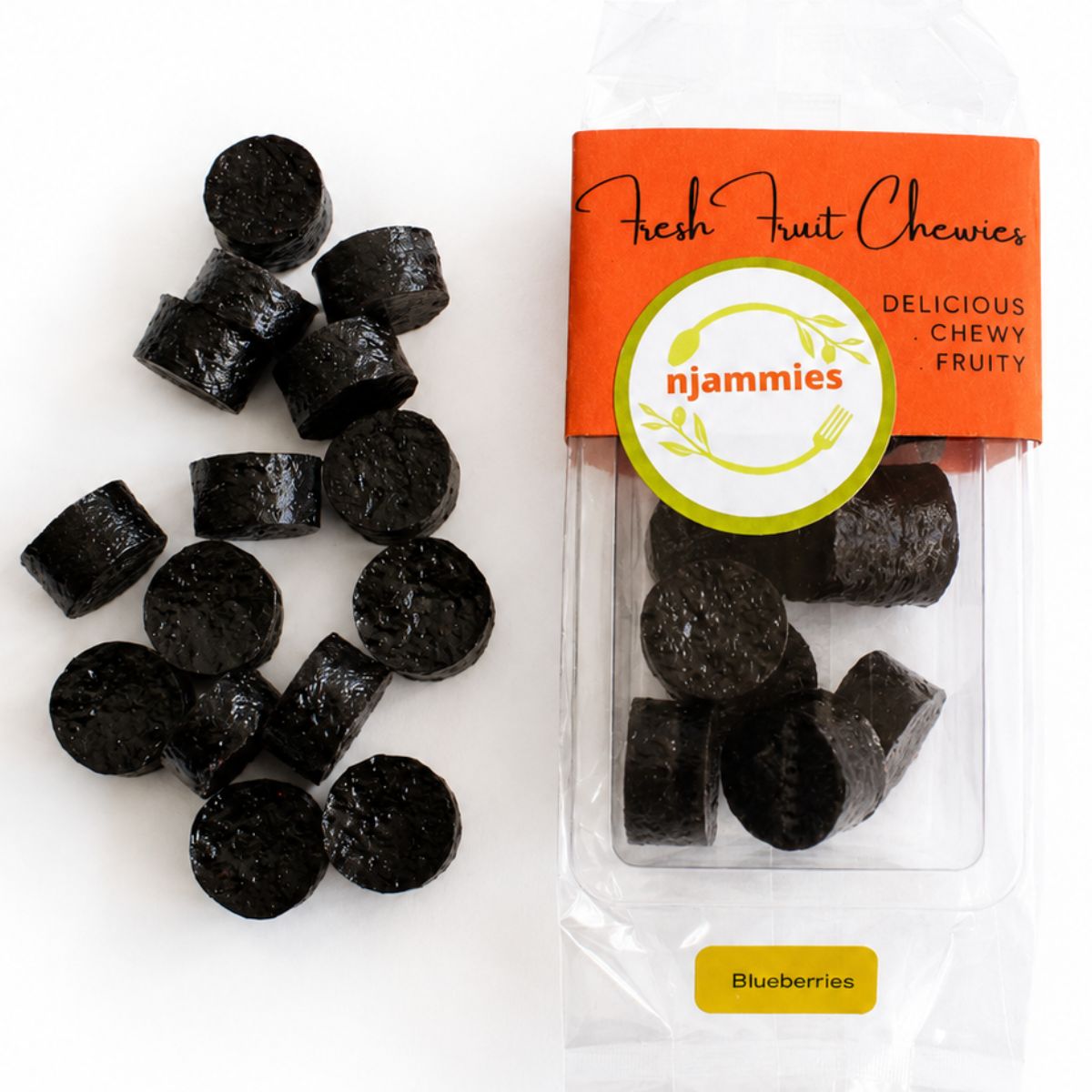 Njammies Blueberries Fresh Fruit Chewies with chewy fruit pieces beside the pack.
