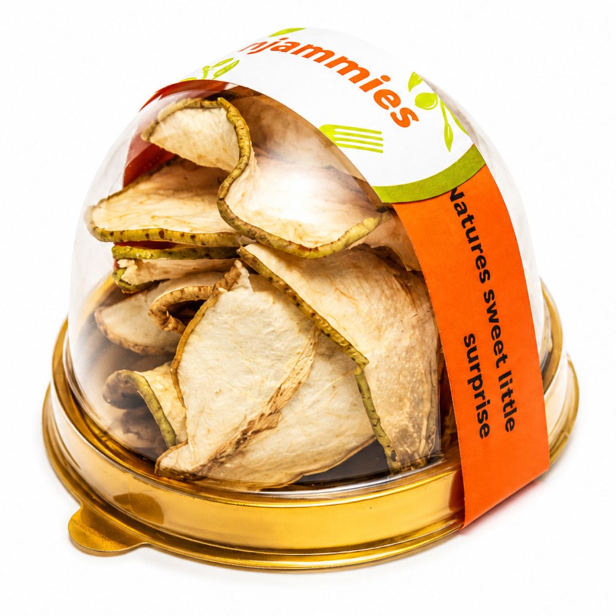 Njammies Pear Fruit Treasure with naturally dried pear slices beside the clear dome container.