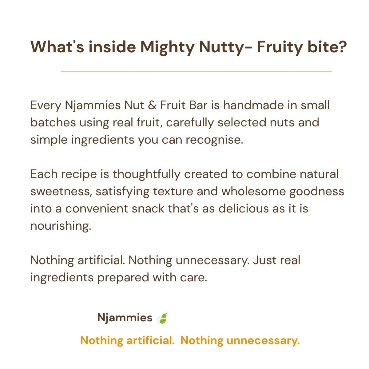 What's inside Mighty Nutty-Fruity Bite information card highlighting real fruit, nuts and simple ingredients.