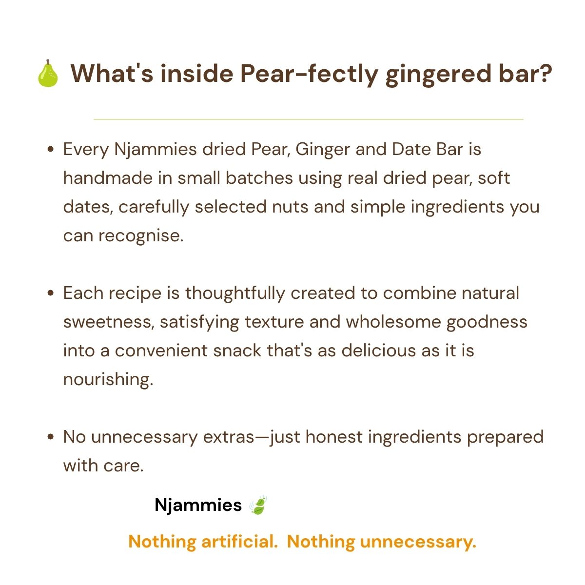 What's inside Pear-fectly Gingered Bar information card highlighting pear, dates, pecans, seeds and ginger.