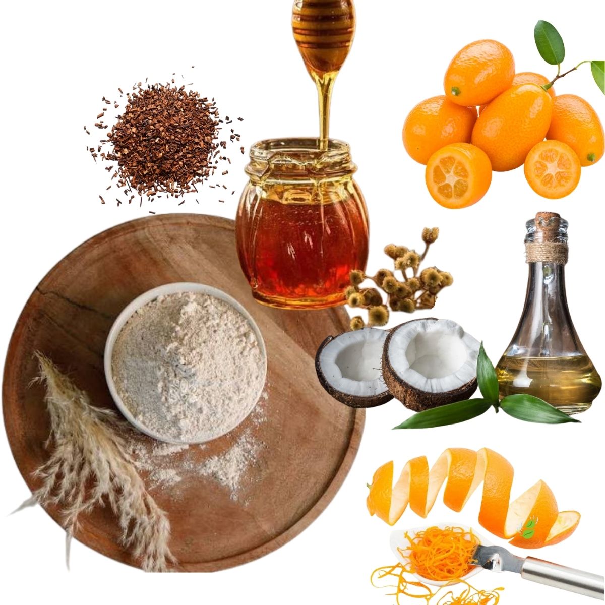 Rooibos, honey, coconut, citrus and other simple ingredients used in Njammies Rooibos Citrus Smiles.