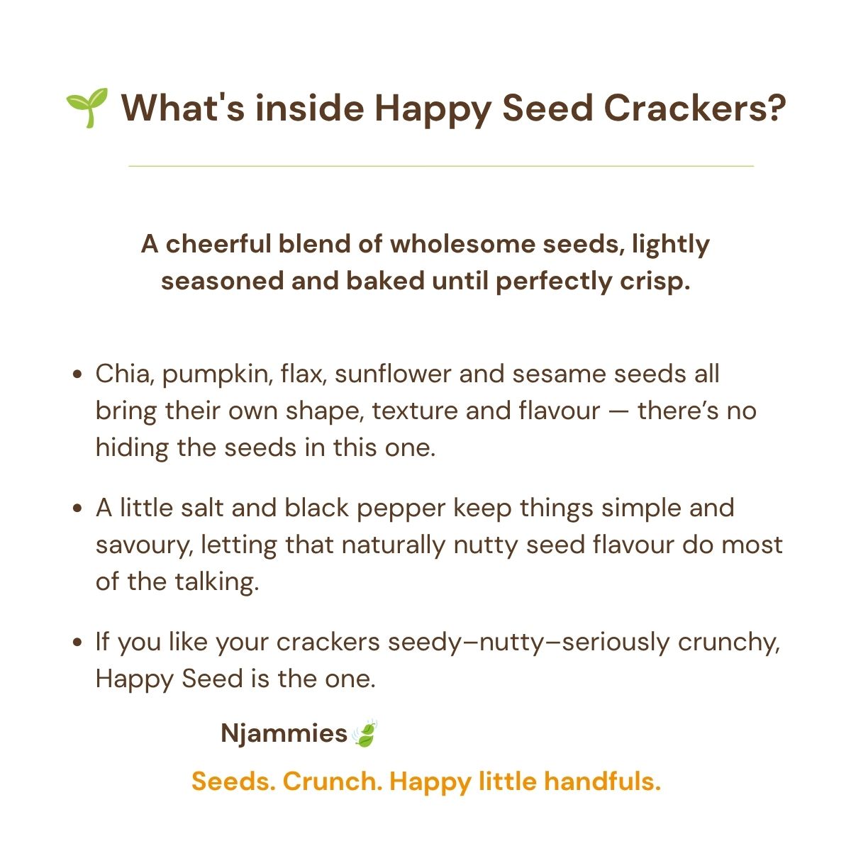 What's inside Happy Seed Crackers information card with seeds and simple ingredients.