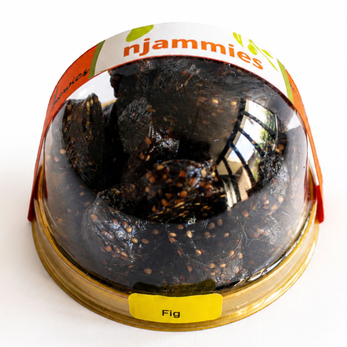 Njammies Fig Fresh Fruit Chewies in a clear dome