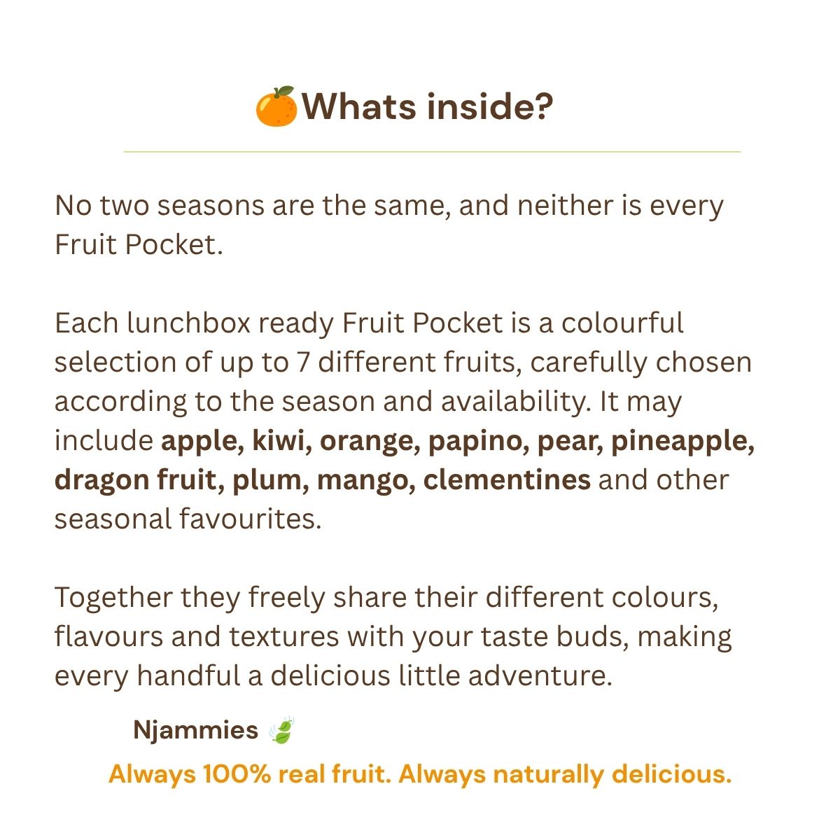 Fruit Pocket information card explaining the seasonal mix of up to seven real fruits.