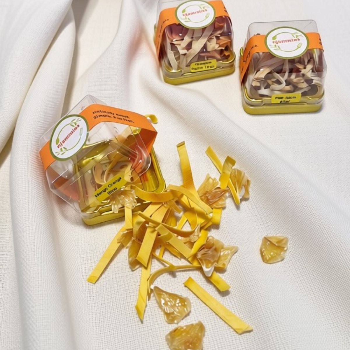 Selection of Njammies Fruit String Mix domes with colourful dried fruit strings displayed beside them.