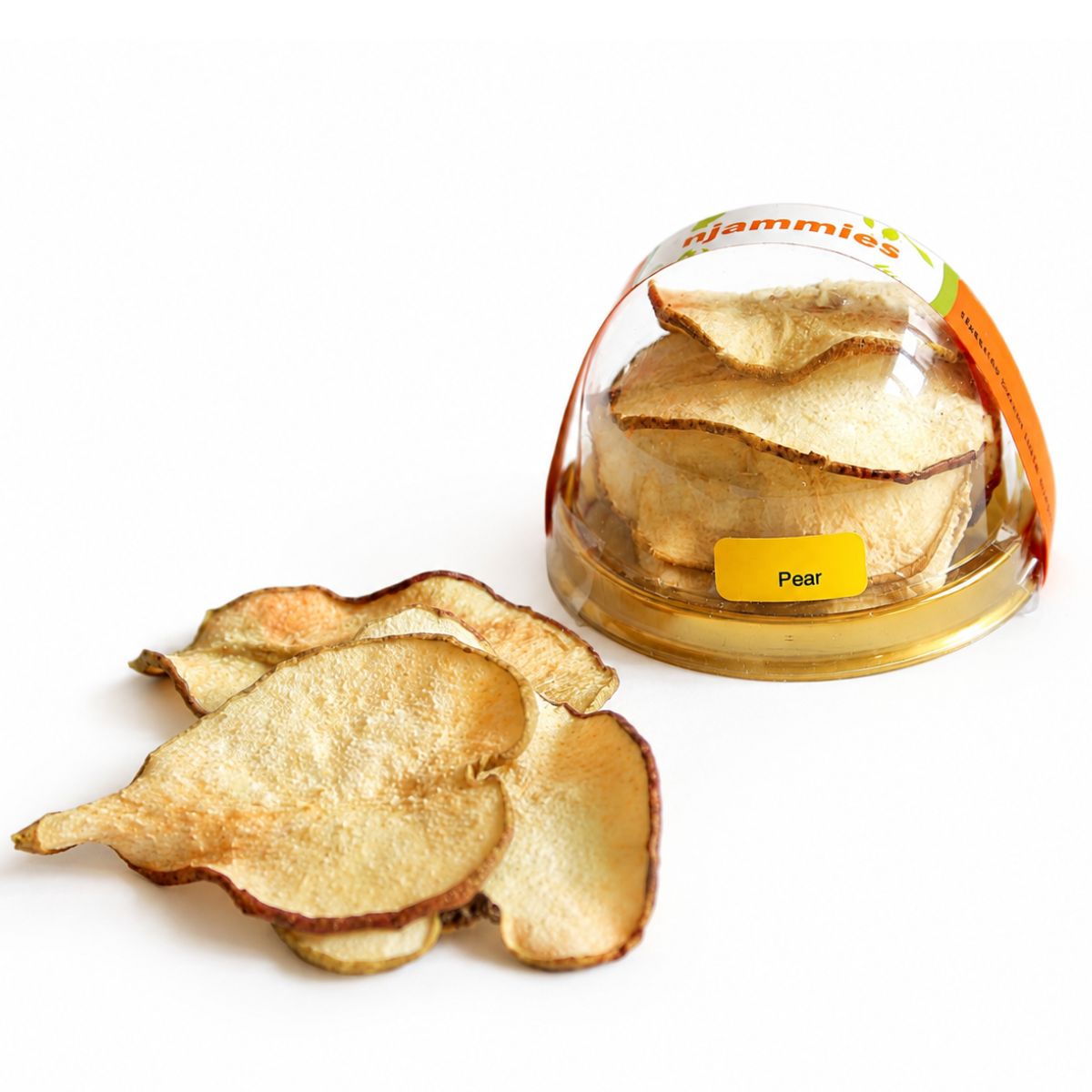 Njammies Pear Fruit Treasure with naturally dried pear slices beside the clear dome container.