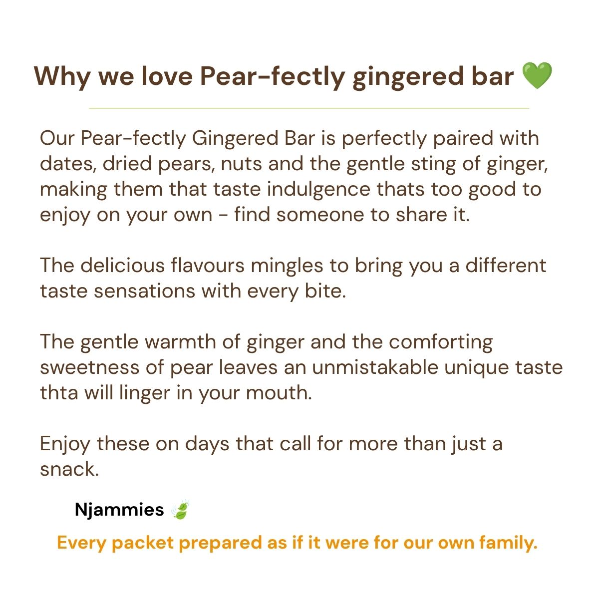 Why we love Pear-fectly Gingered Bar card celebrating pear, dates, nuts and gentle ginger flavour.