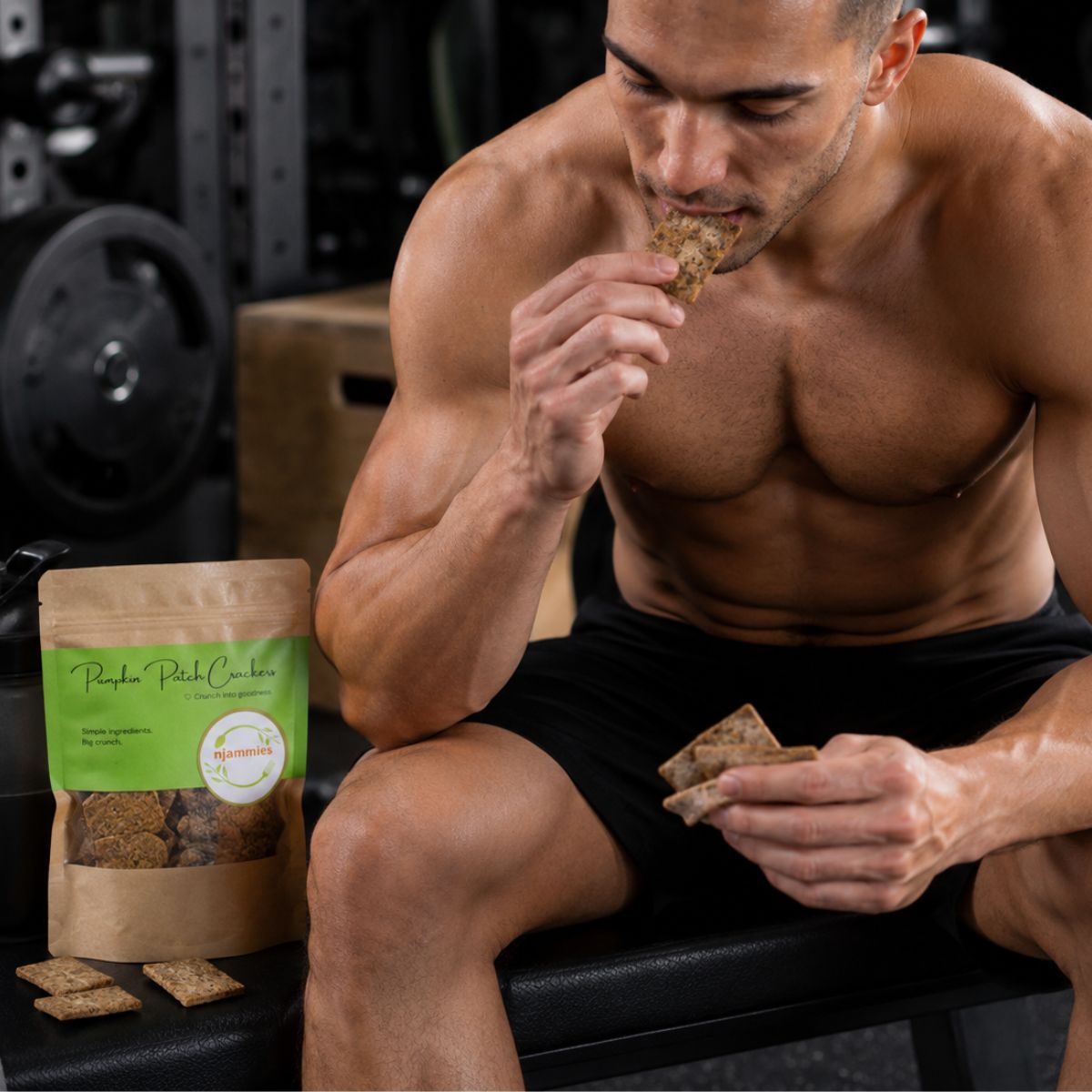 Man in gym eating Pumpkin Patch Crackers