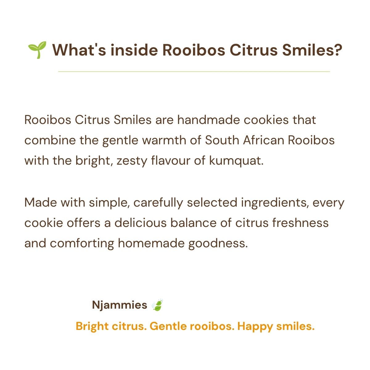 What's inside Rooibos Citrus Smiles information card highlighting rooibos, citrus and simple ingredients.