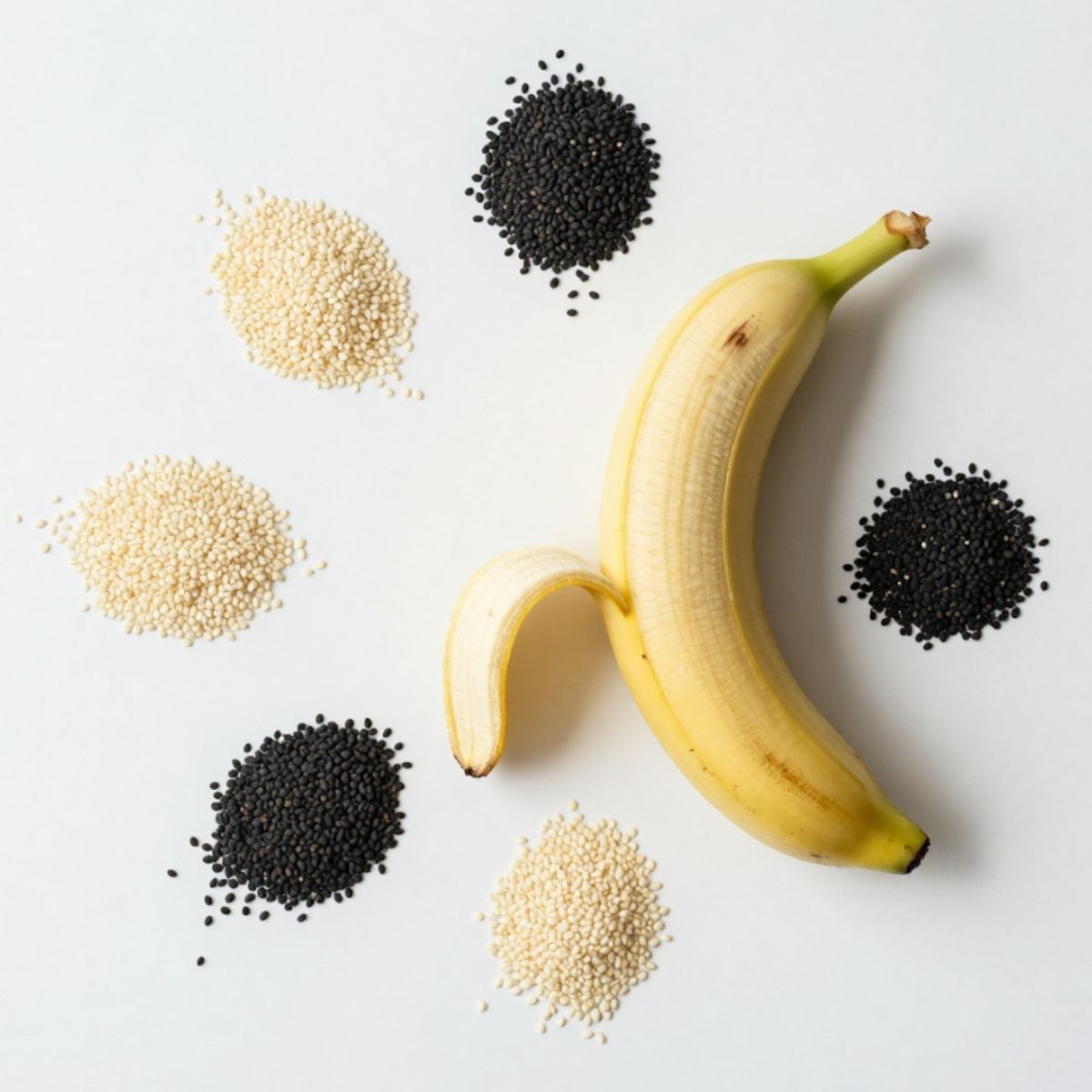 Banana with black and white sesame seeds, the simple ingredients in Njammies Sesame Banana Smooches
