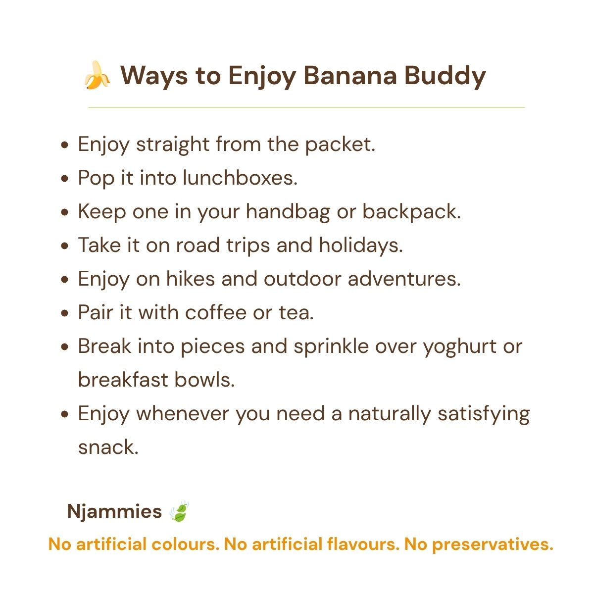 Ways to enjoy Banana Buddy card with ideas for lunchboxes, road trips, coffee breaks and breakfast bowls.