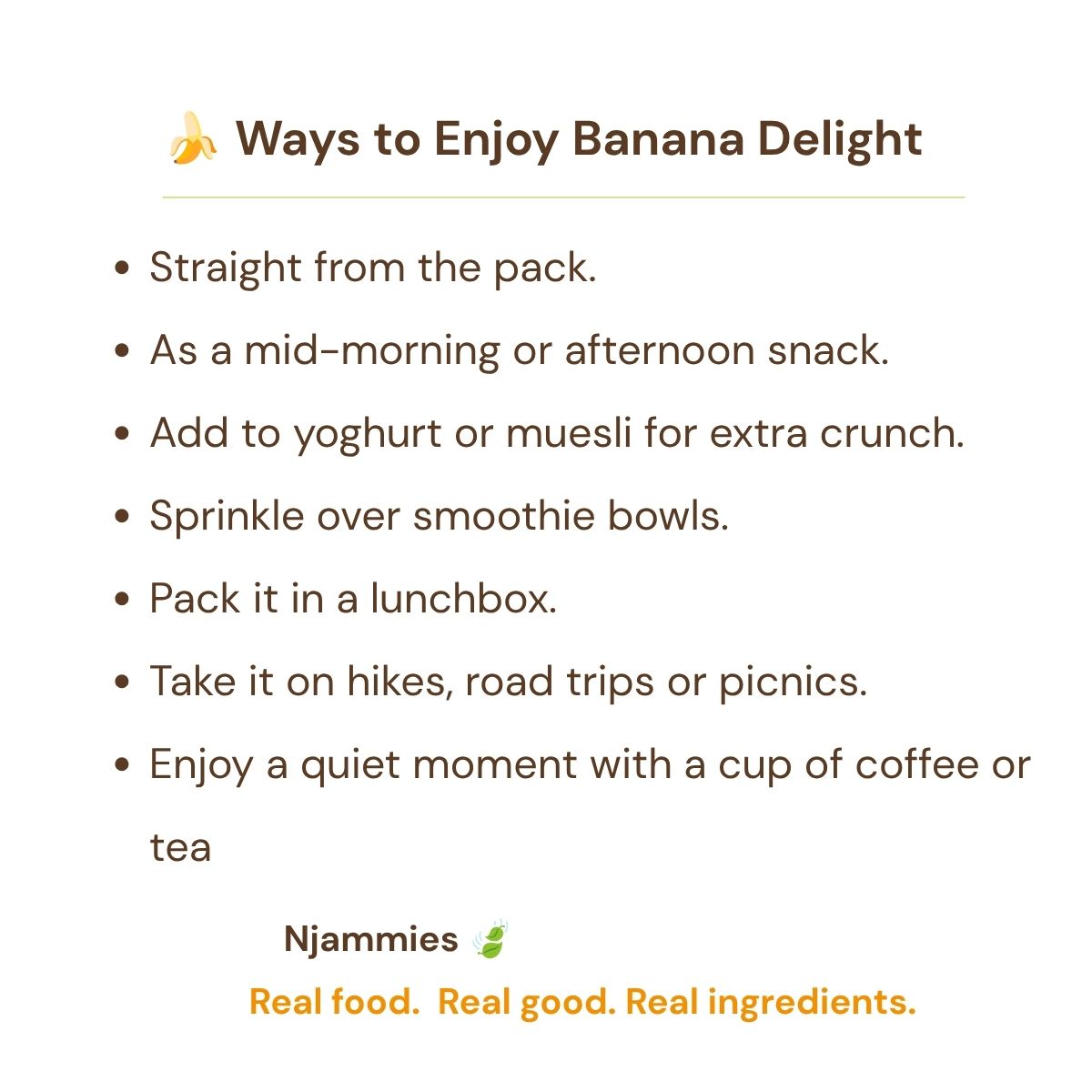Ways to enjoy Banana Delight card with ideas for breakfast, lunchboxes, road trips, picnics and coffee breaks.