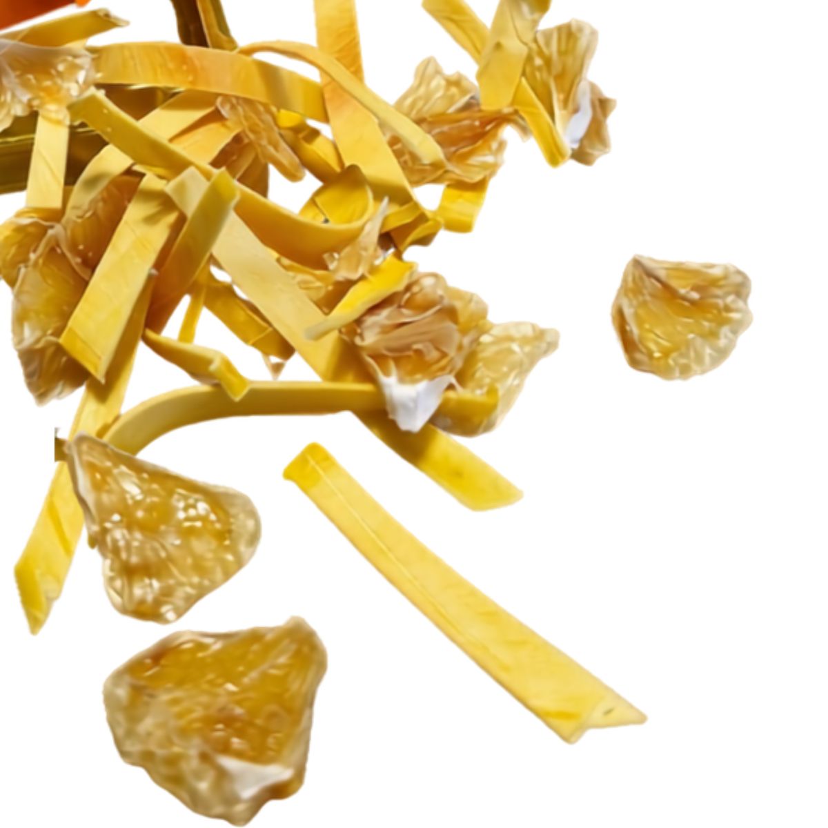 Close-up of Njammies Fruit String Mix showing thin naturally dried fruit strips and fruit pieces.