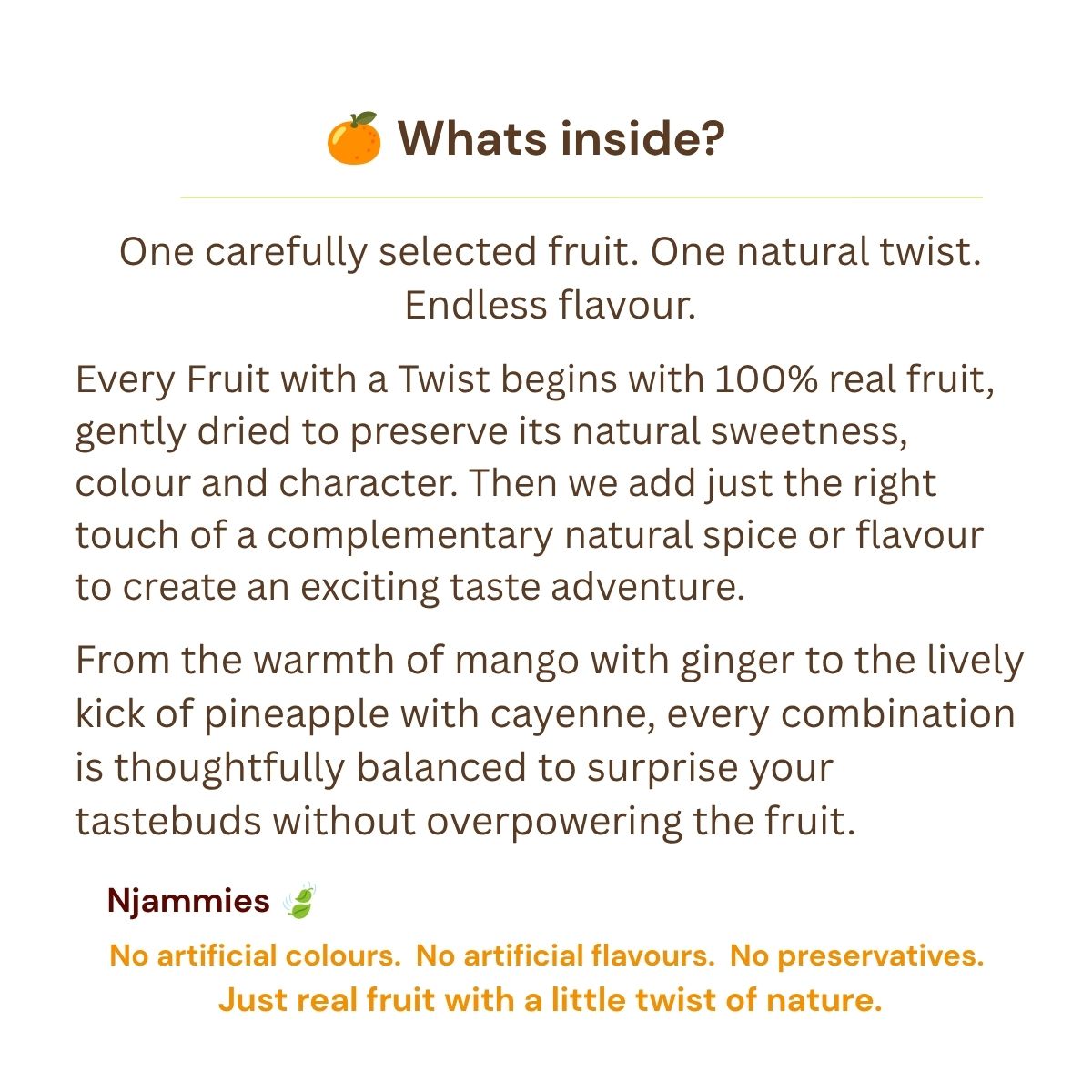 What's inside Fruit With A Twist information card highlighting 100% real fruit and natural flavour combinations.