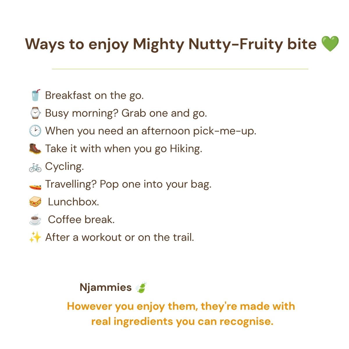 Ways to enjoy Mighty Nutty-Fruity Bite card with ideas for breakfast, work, lunchboxes, coffee breaks and travel.
