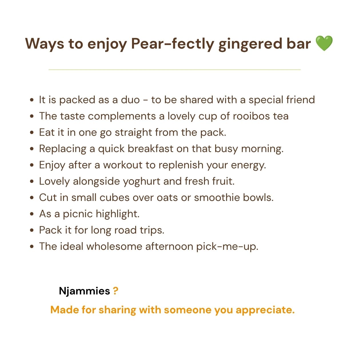 Ways to enjoy Pear-fectly Gingered Bar card with ideas for sharing, tea breaks, lunchboxes and travel.