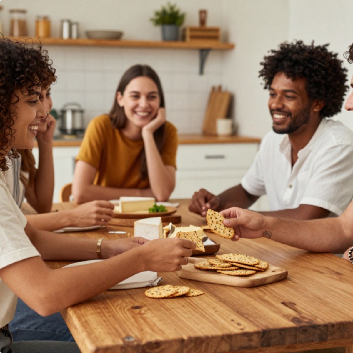 Friends sharing Njammies Seed Crackers together around a table.