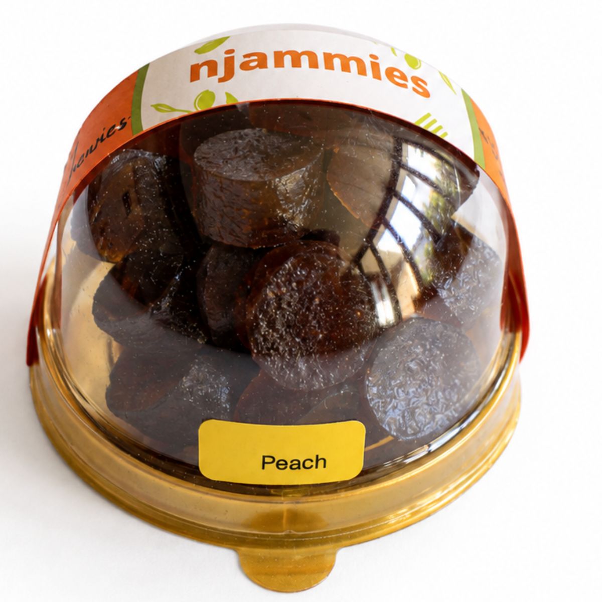 Njammies Peach Fresh Fruit Chewies in a clear dome container.