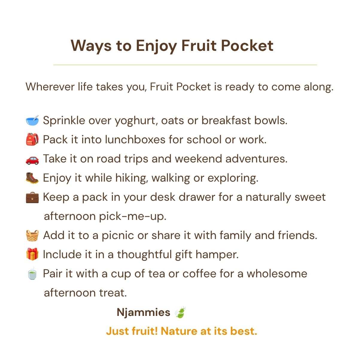 Ways to Enjoy Fruit Pocket card with serving ideas for breakfast, lunchboxes, road trips and sharing.