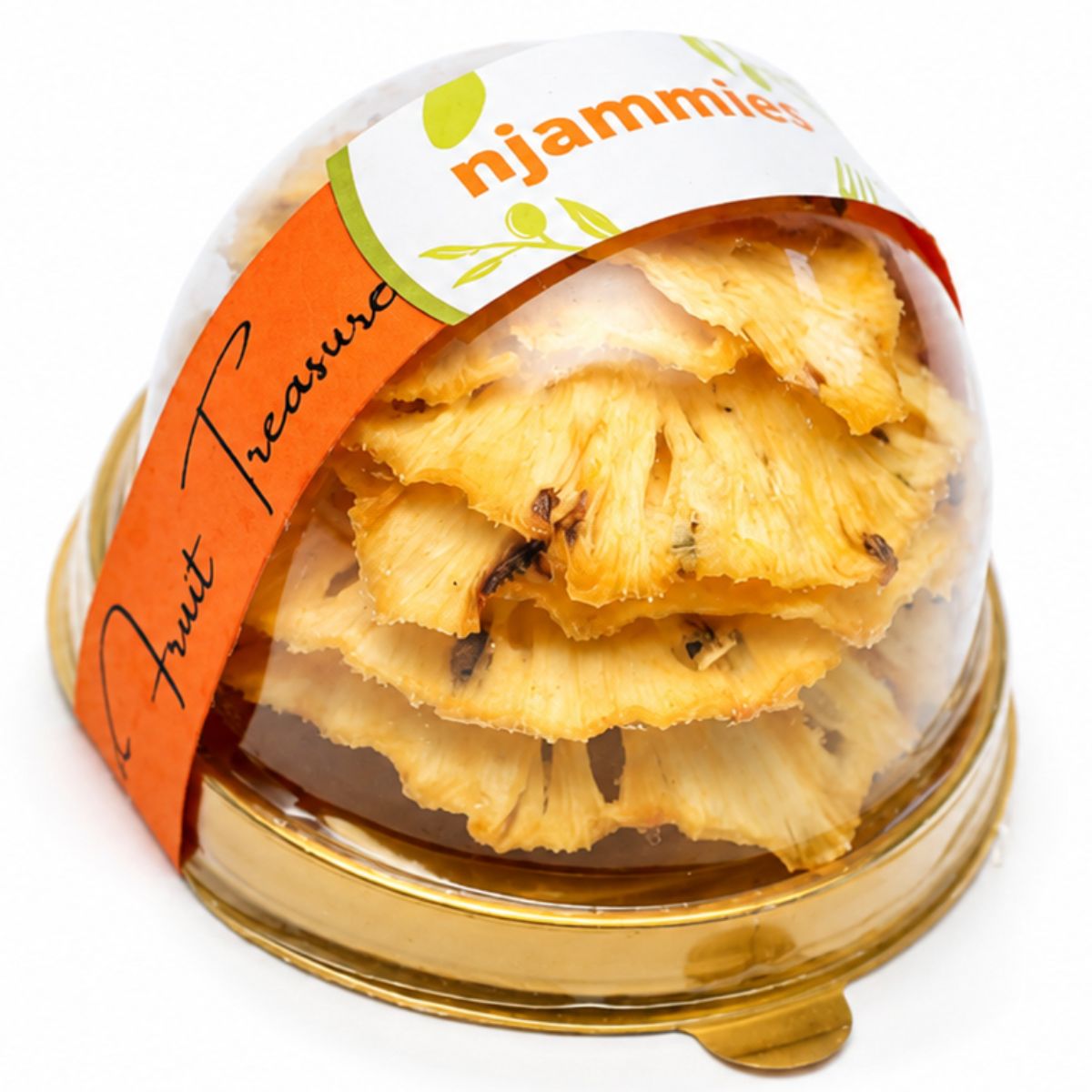 Njammies Pineapple Fruit Treasure showing naturally dried pineapple slices in a clear dome container.