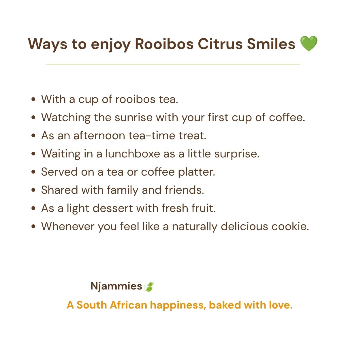 Ways to enjoy Rooibos Citrus Smiles card with ideas for tea, coffee, lunchboxes, picnics and sharing.