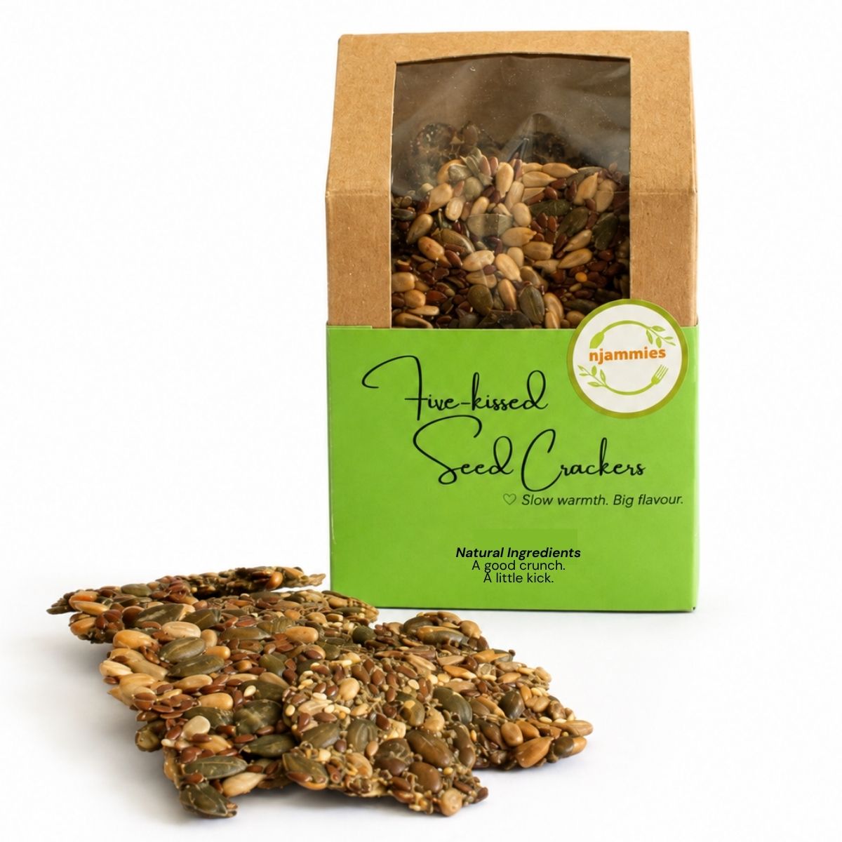 Njammies Fire-kissed Seed Crackers pack with seeded crackers.