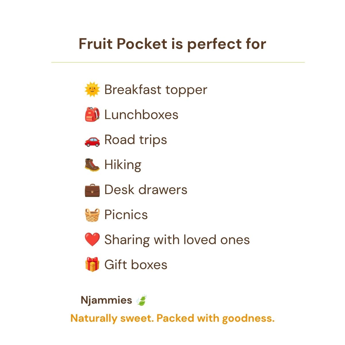 Fruit Pocket serving ideas card for breakfast, lunchboxes, road trips and everyday snacking.