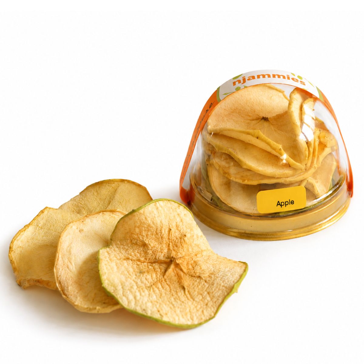 Njammies Apple Fruit Treasure showing naturally dried apple slices in a clear dome container.