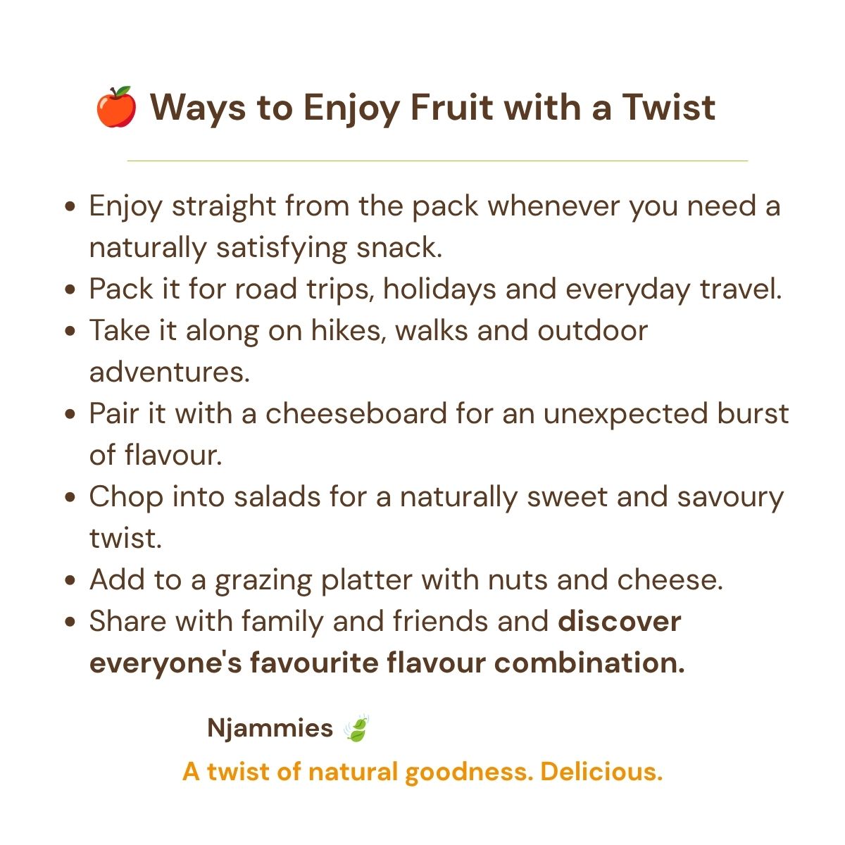 Ways to enjoy Fruit With A Twist card with ideas for snack breaks, lunchboxes, travel and sharing.