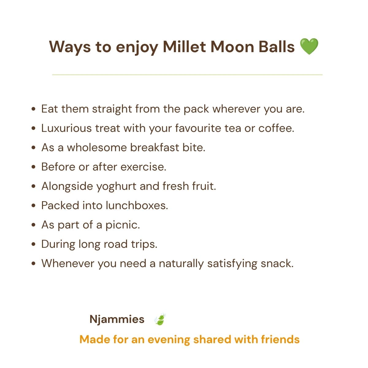 Ways to enjoy Millet Moon Balls card with ideas for coffee, lunchboxes, road trips and sharing.