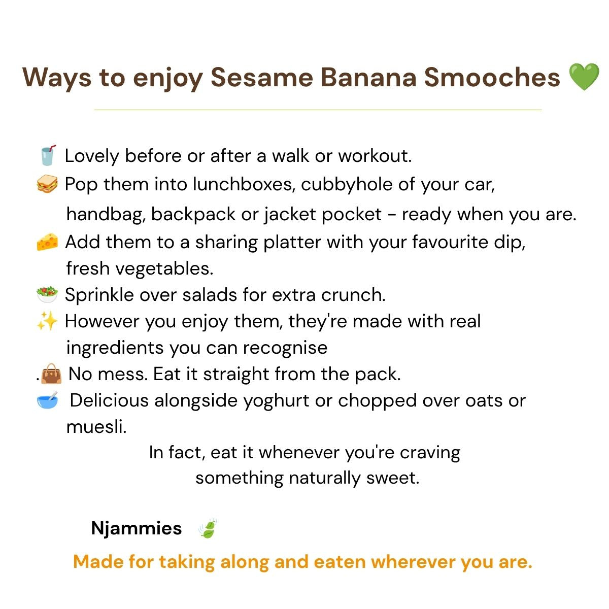 Ways to enjoy Njammies Sesame Banana Smooches at home, in lunchboxes or on the go