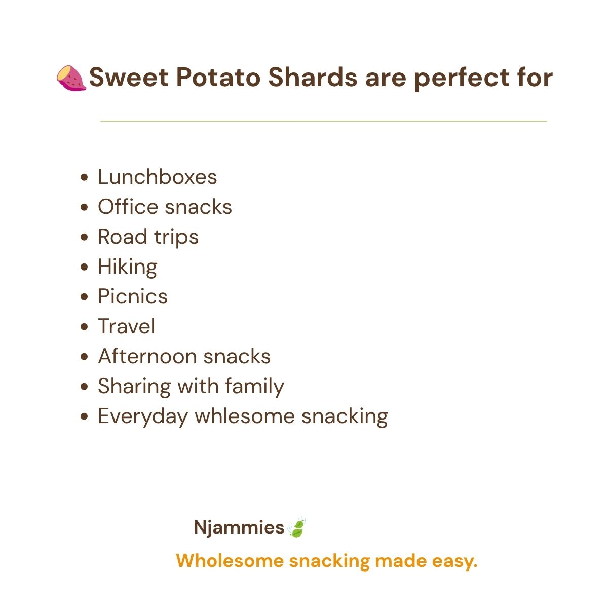 Njammies Sweet Potato Shards for lunchboxes, office snacks, road trips, hiking, picnics and sharing