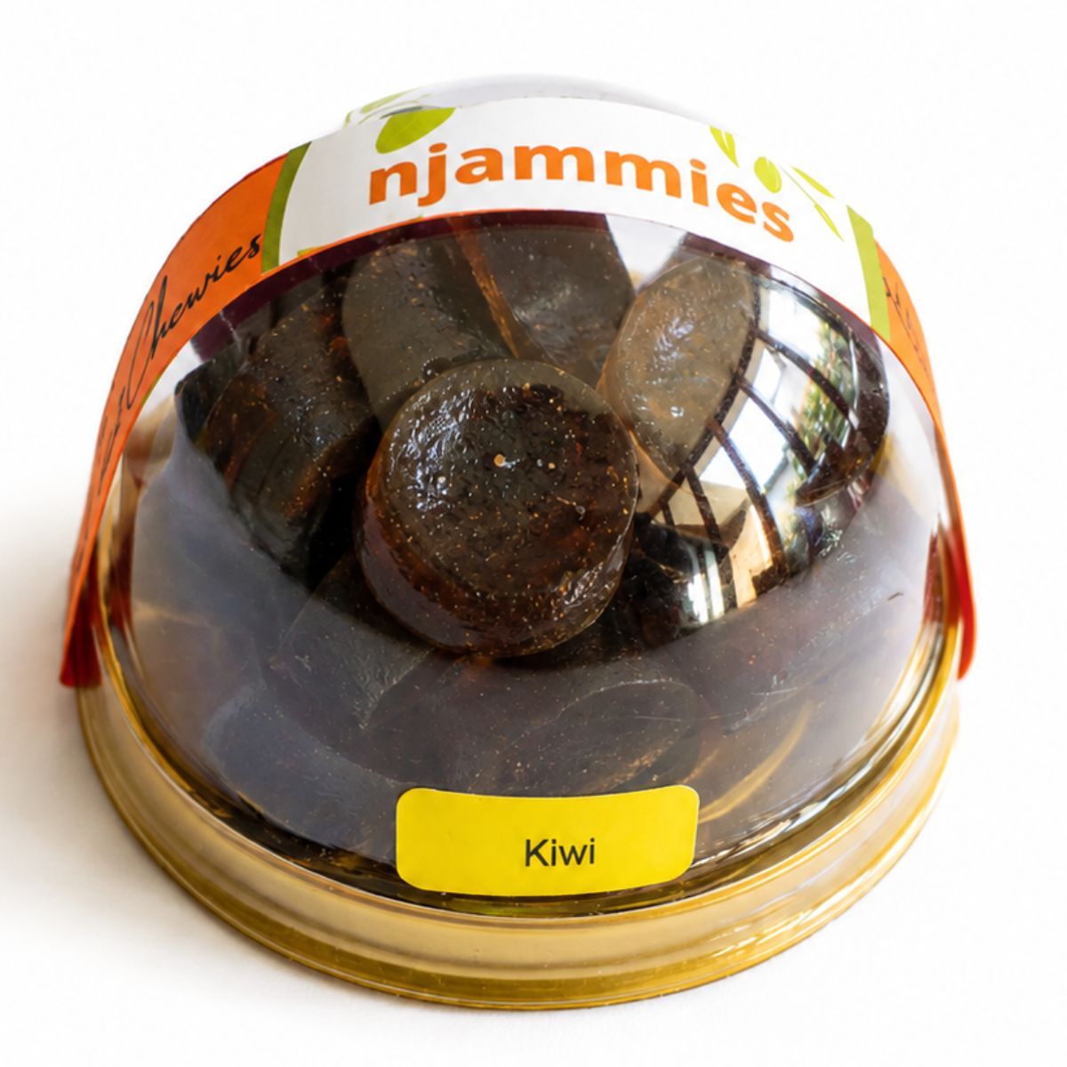 Njammies Kiwi Fresh Fruit Chewies in a clear dome container.