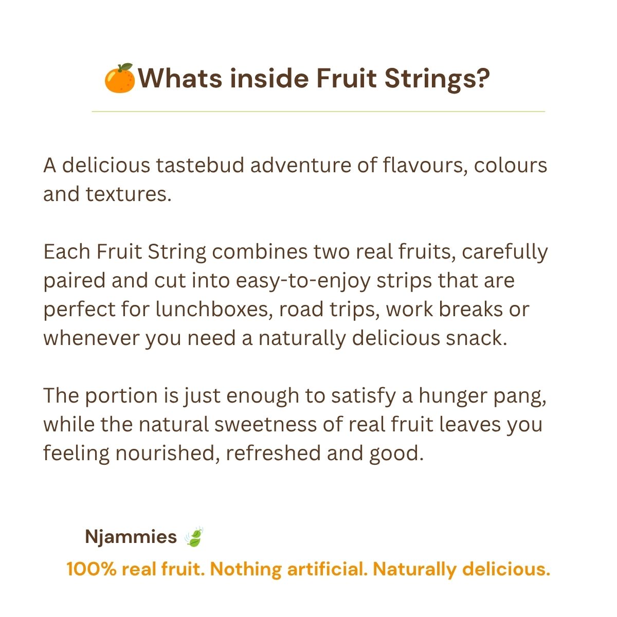 What's inside Njammies Fruit Strings information card explaining the two real fruits combined in each flavour.