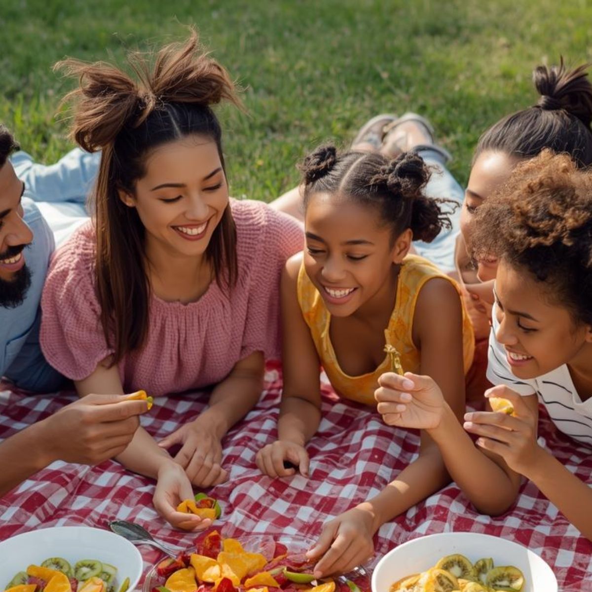 Family enjoying Njammies Fruit Treasure together at an outdoor picnic.