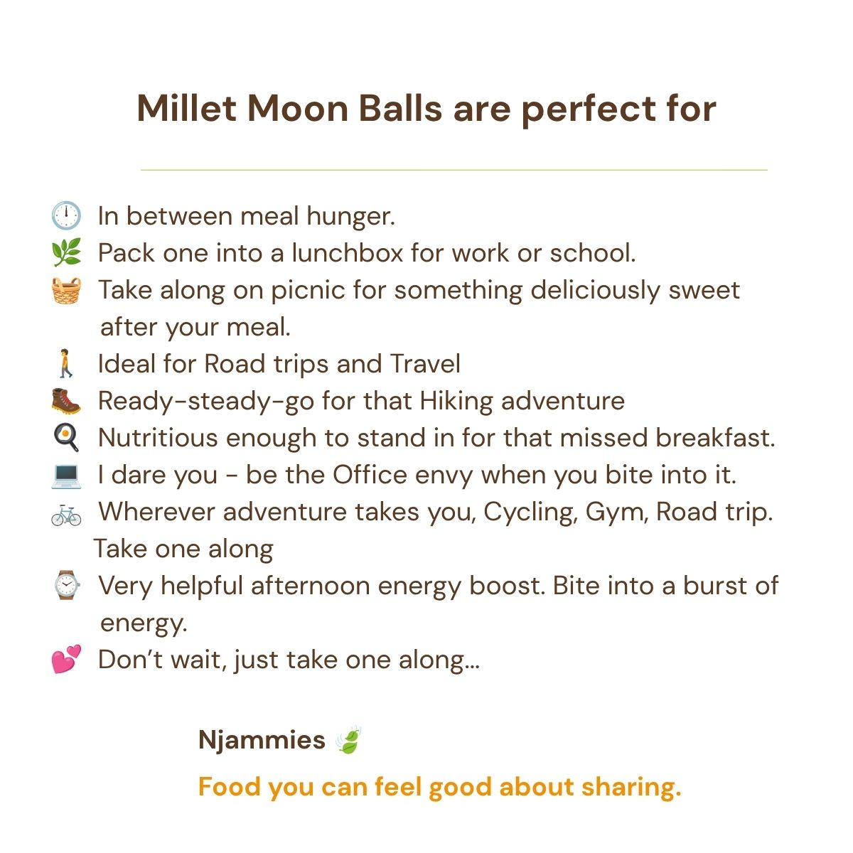 Millet Moon Balls serving ideas for work, school, road trips, hiking and everyday snacking.