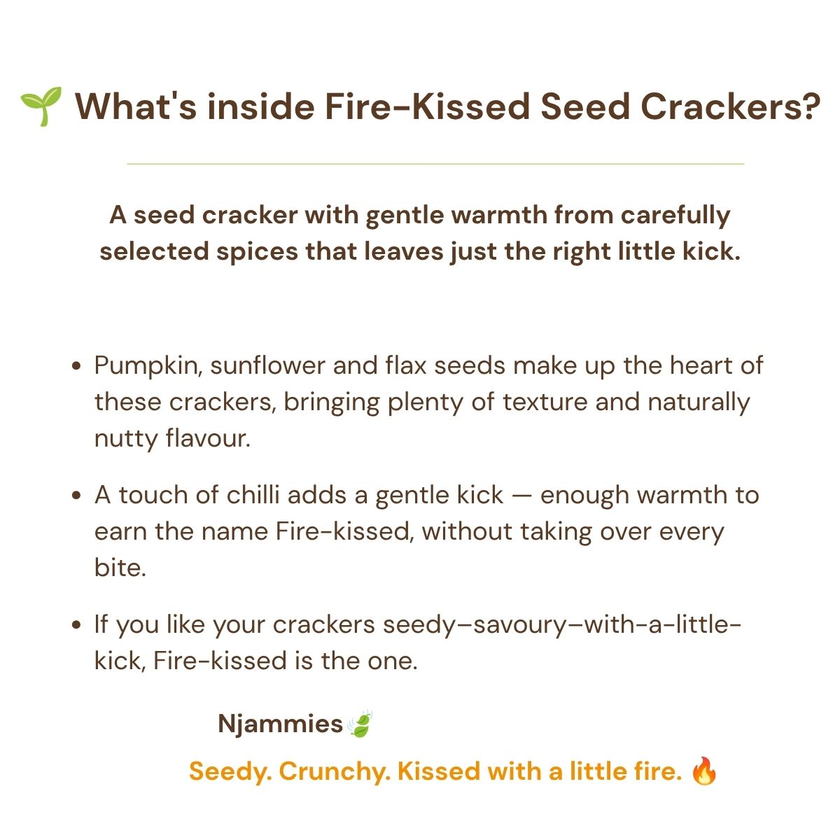 What's inside Fire-kissed Seed Crackers information card with seeds and chilli.
