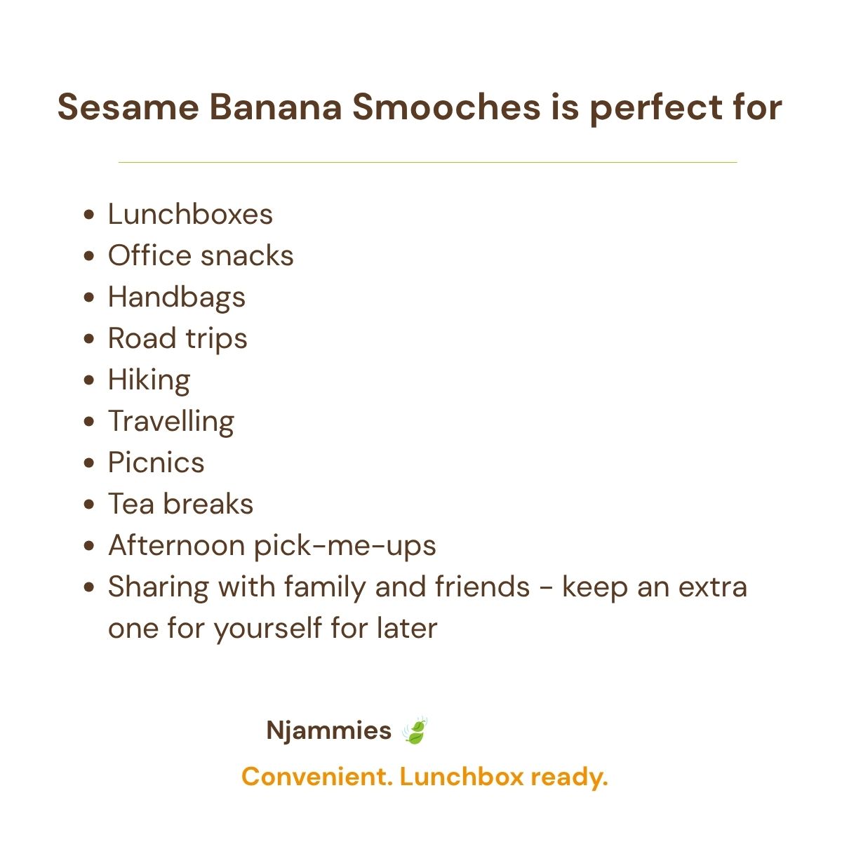 Njammies Sesame Banana Smooches perfect for lunchboxes, road trips, hiking, travel and sharing