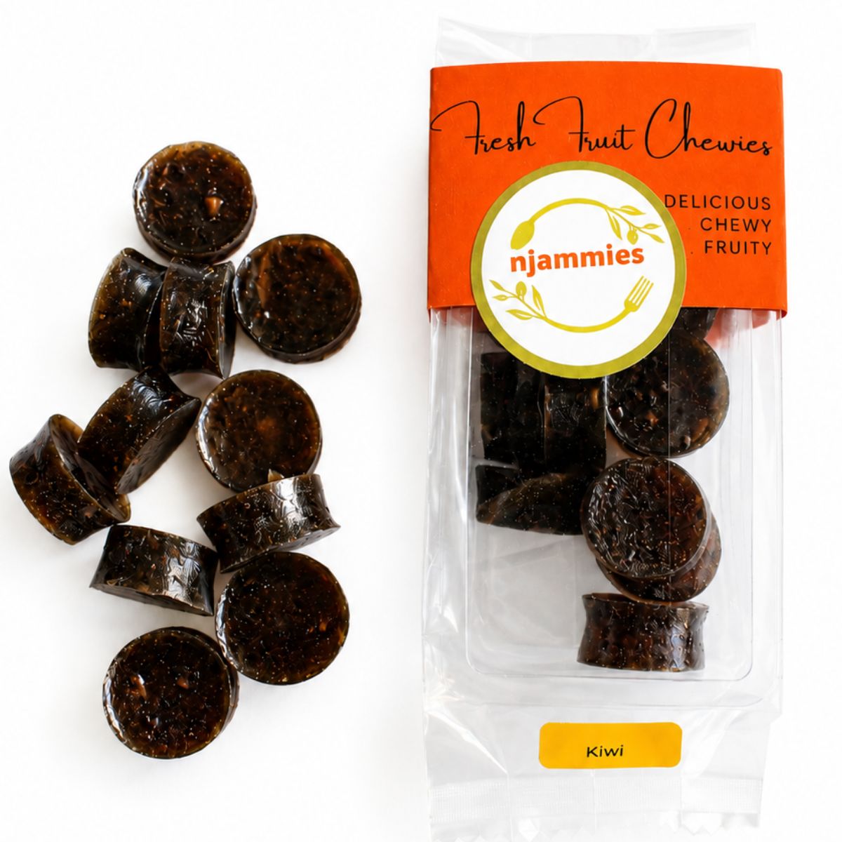 Njammies Kiwi Fresh Fruit Chewies with colourful chewy pieces beside the pack.