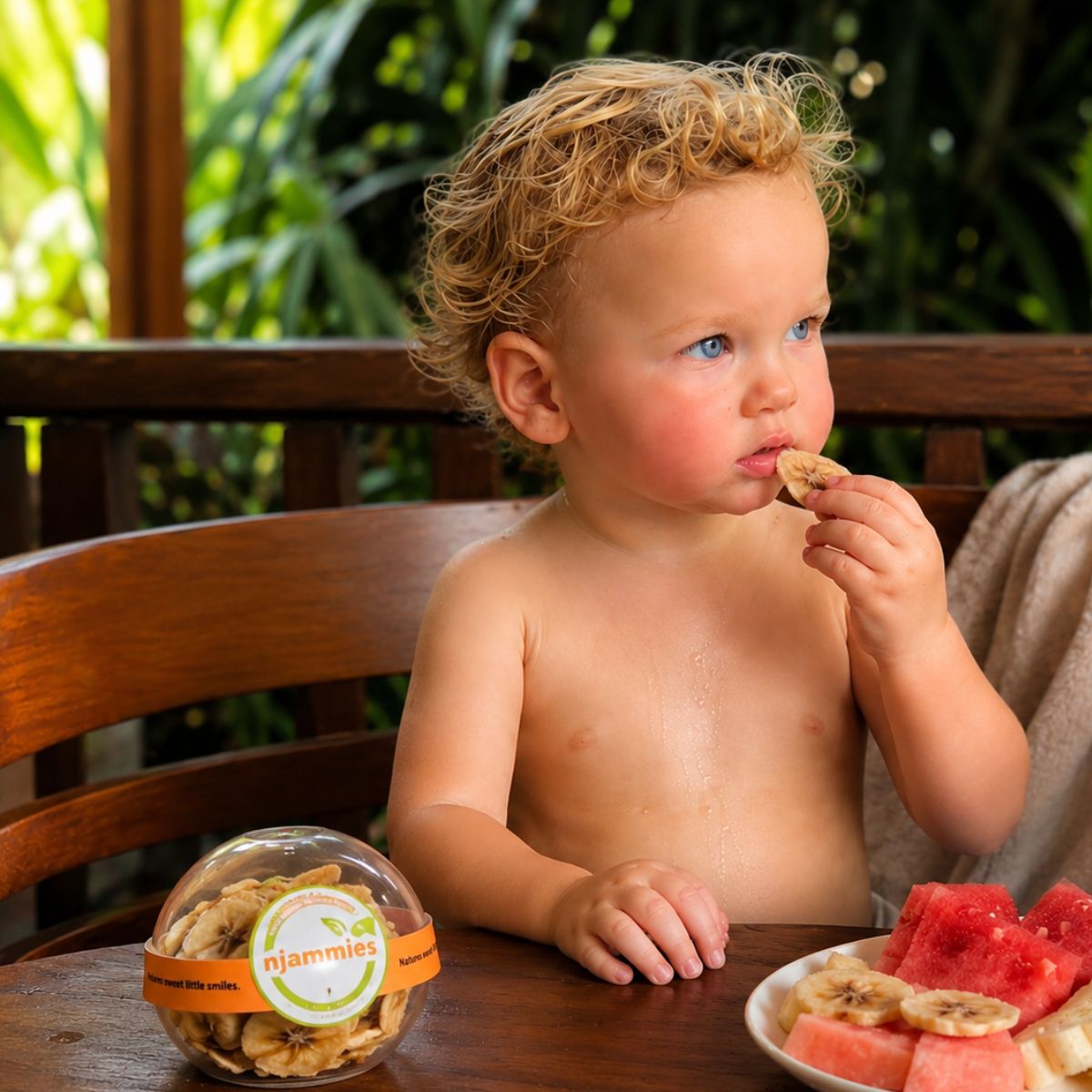 Young child enjoying a piece of dried fruit with Njammies Fruit Treasure nearby.