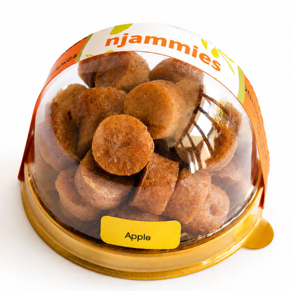Njammies Apple Fresh Fruit Chewies in a clear dome container.