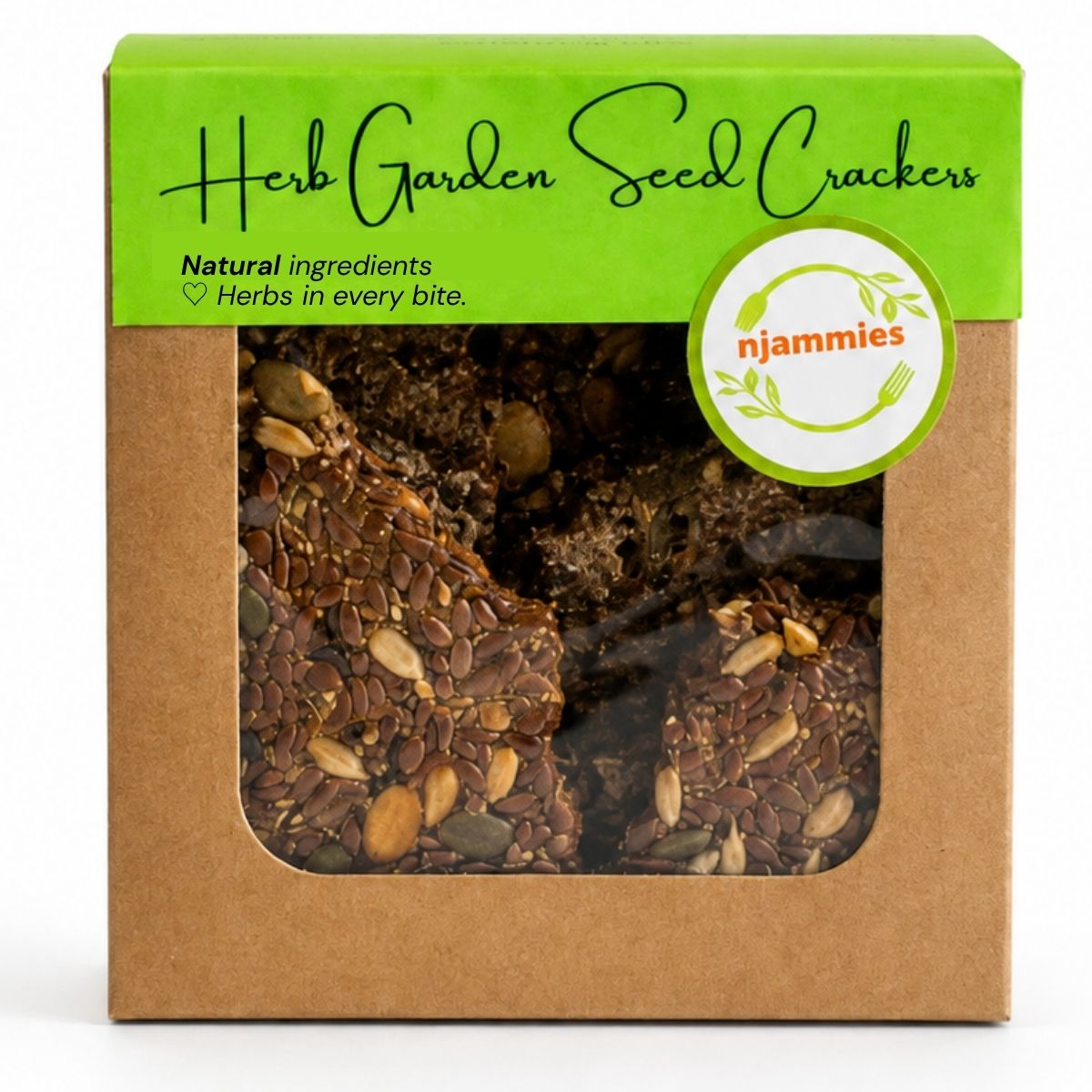 Close-up of Njammies Herb Garden Seed Crackers with seeds and herbs.