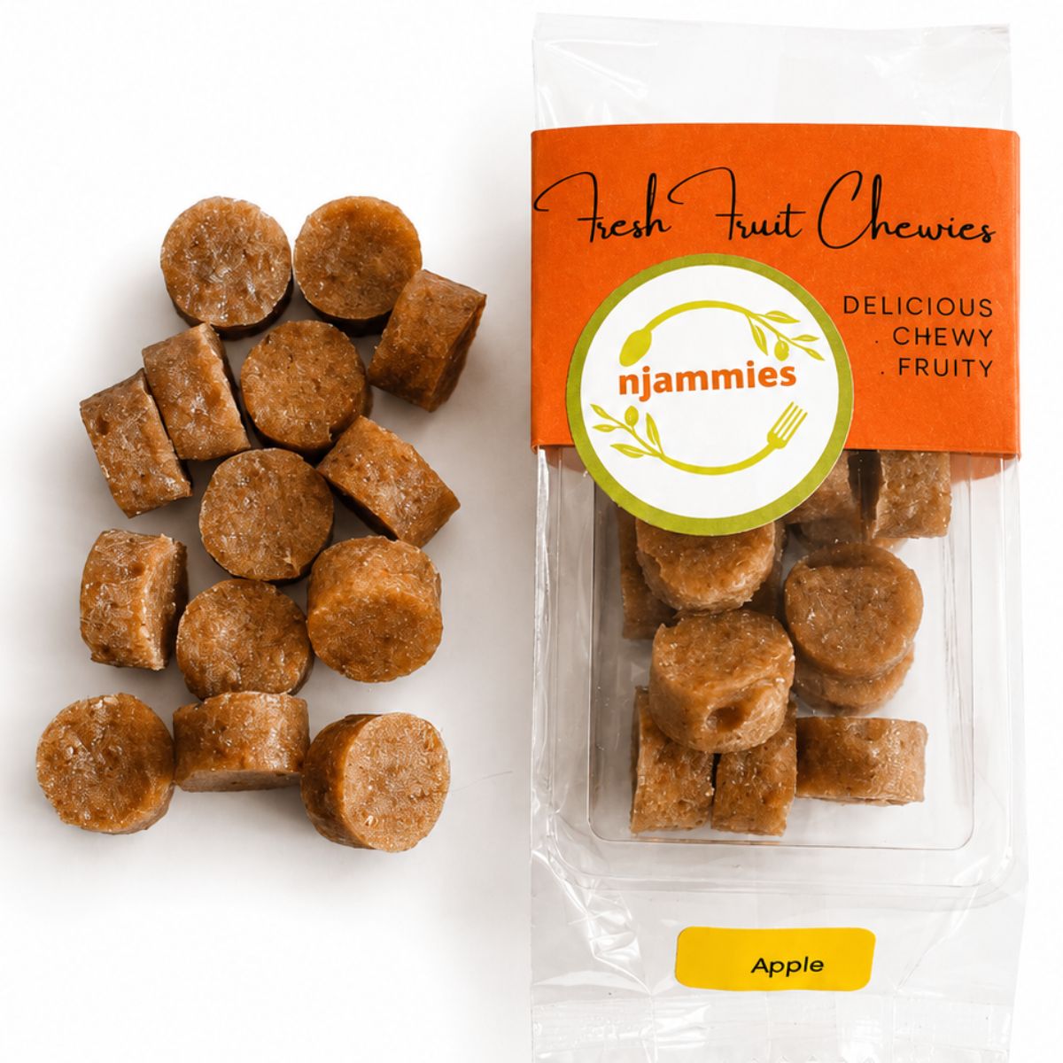 Njammies Apple Fresh Fruit Chewies with colourful chewy pieces beside the pack.