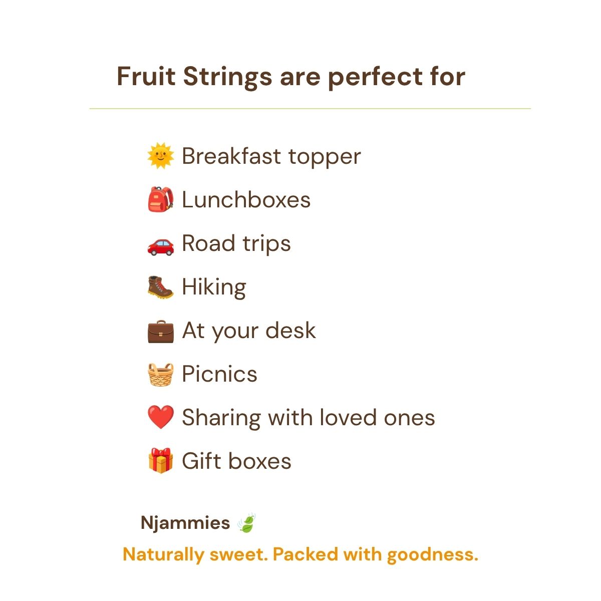 Njammies Fruit Strings serving ideas for breakfast, lunchboxes, road trips, hiking, picnics and sharing.