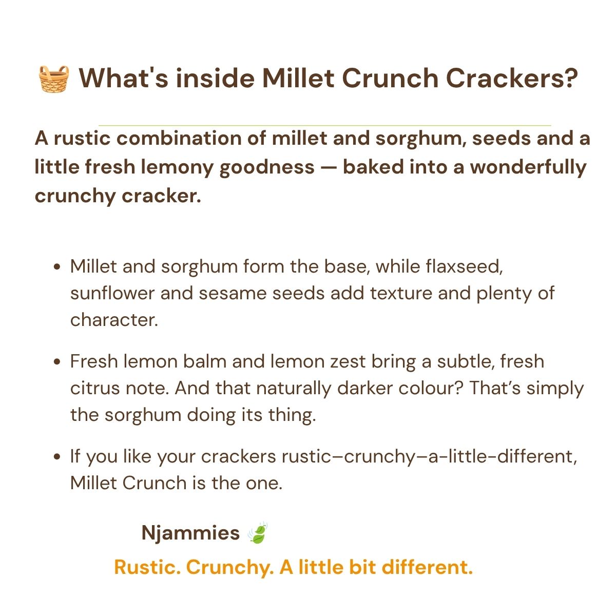 What's inside Chickpea Peppa Crackers information card highlighting chickpea flour, seeds and Peppadew.